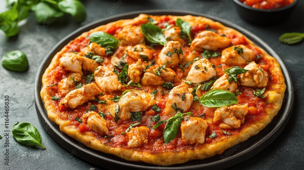 Baked chicken pizza with tomato sauce and fresh basil leaves on a black plate against a dark background Baked chicken pizza with tomato sauce and fresh basil leaves on a black plate against a dark background