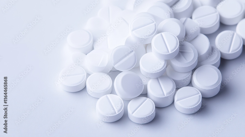 White round pills are scattered on a soft surface, showcasing their pristine condition, This image can be used in healthcare, pharmaceutical advertising, or educational materials about medications, White round pills are scattered on a soft surface, showcasing their pristine condition, This image can be used in healthcare, pharmaceutical advertising, or educational materials about medications,