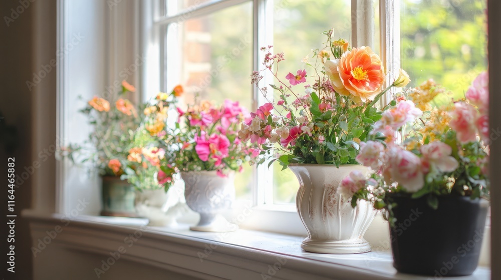 Charming floral arrangements brightening a sunlit window sill with vibrant blooms in decorative pots Charming floral arrangements brightening a sunlit window sill with vibrant blooms in decorative pots
