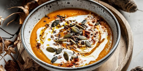 Creamy pumpkin soup garnished with yogurt, seeds, and spices in a rustic wooden bowl on a fall day photo