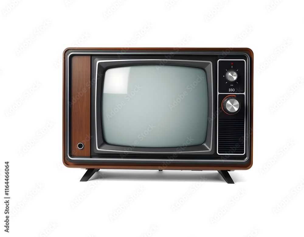 Retro 80s TV Mockup with Classic Box Design, Wood Paneling, and Knob Controls Isolated on White Background Retro 80s TV Mockup with Classic Box Design, Wood Paneling, and Knob Controls Isolated on White Background
