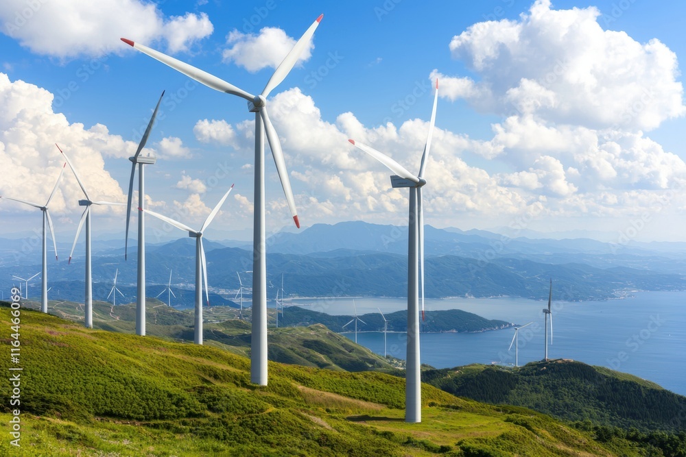 Scenic View of Wind Turbines on Green Hills Under Blue Sky Scenic View of Wind Turbines on Green Hills Under Blue Sky