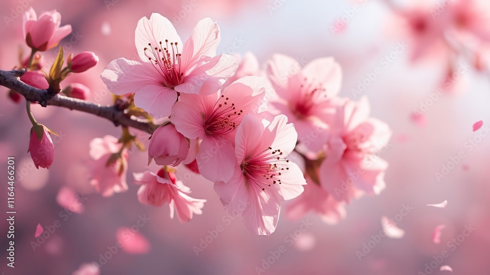 Naklejka premium Stunning Pink Cherry Blossoms in Full Bloom, Spring Flowers, Delicate Petals, Soft Light, Nature Background
