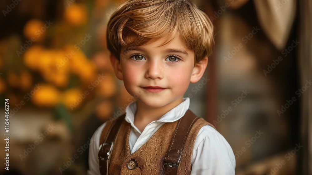 Charming portrait of a young boy dressed in traditional Lederhosen showcasing a warm, innocent expression in a rustic setting Charming portrait of a young boy dressed in traditional Lederhosen showcasing a warm, innocent expression in a rustic setting