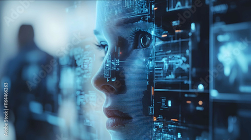 A closeup view of law enforcement officers using futuristic AI technology with sophisticated algorithms for behavioral analysis The technology detects suspicious moveme photo