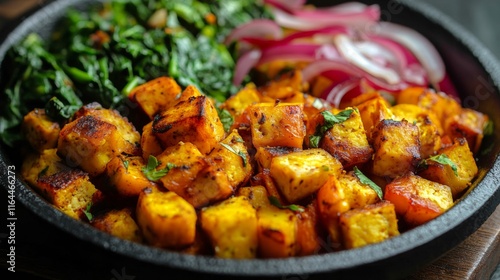 Delicious roasted butternut squash served with greens and pickled onions in a...