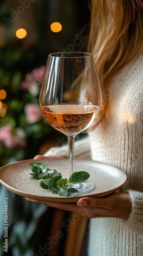 Elegant woman serving white wine on a plate in a cozy restaurant atmosphere d...