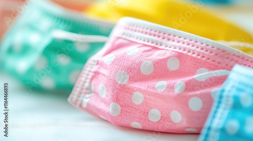 Colorful decorative face masks in a closeup view on a white background highlighting vibrant patterns and textures for health and safety themes photo