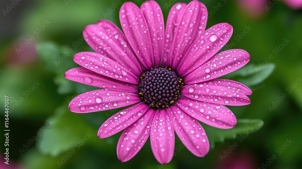 Close up of a vibrant pink flower adorned with raindrops highlighting its delicate petals and lush green leaves in a natural setting Close up of a vibrant pink flower adorned with raindrops highlighting its delicate petals and lush green leaves in a natural setting