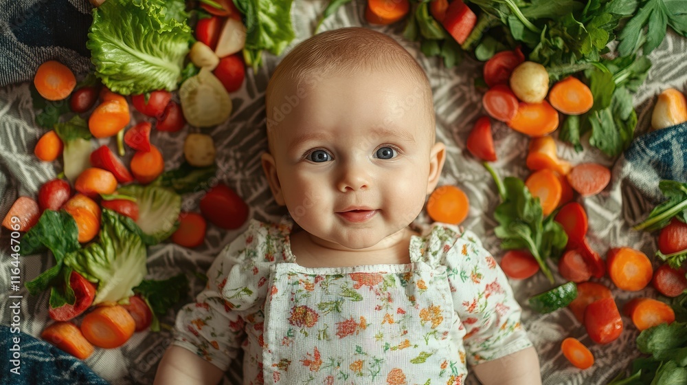 Fototapeta premium Baby surrounded by fresh vegetables smiling on a textured blanket in a flat lay top view composition for healthy lifestyle themes