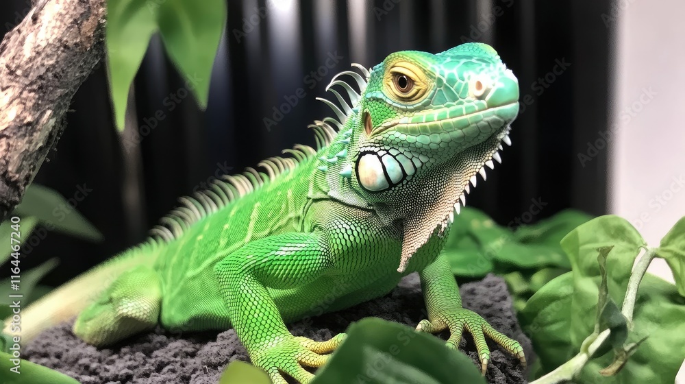 Obraz premium Detailed close-up of a vibrant green iguana perched among lush foliage in a naturalistic habitat setting.