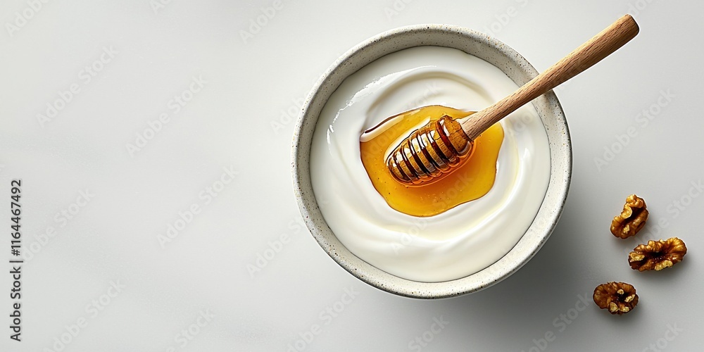 Delicious yogurt bowl served with honey and walnuts as a nutritious snack option for health-conscious individuals Delicious yogurt bowl served with honey and walnuts as a nutritious snack option for health-conscious individuals
