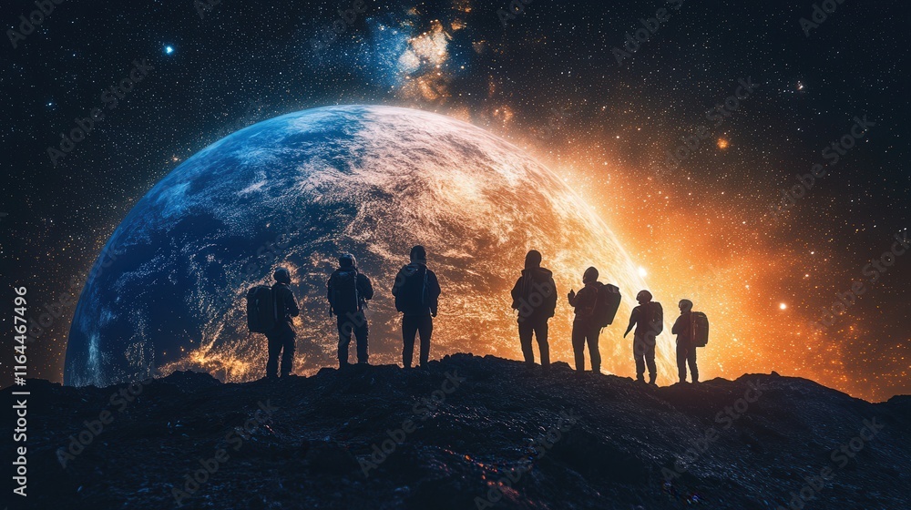 Fototapeta premium Group of explorers observing Earth from a distant planet in a stunning cosmic landscape at twilight