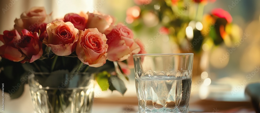 Naklejka premium Elegant still life composition featuring a vibrant bouquet of roses alongside a clear glass of water on a beautifully styled table setting