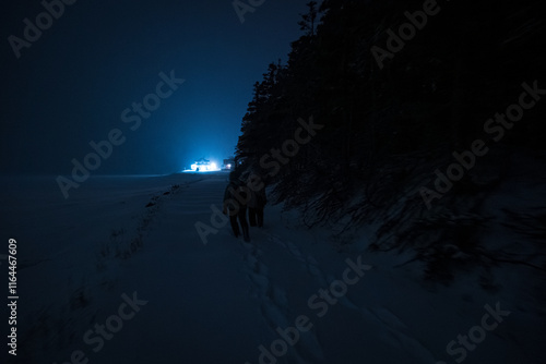 House Far Way in Winter Landscape at Night in Anticosti Island, Quebec Icy Immensity