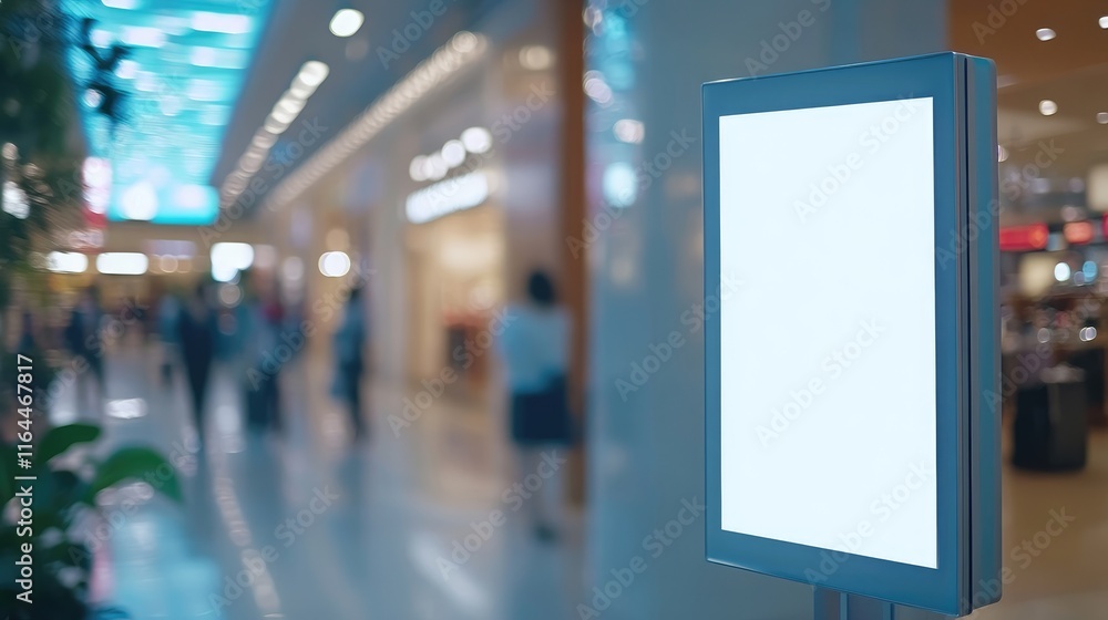 Blank information terminal kiosk in a modern mall environment with blurred background displaying potential for advertising or navigation usage Blank information terminal kiosk in a modern mall environment with blurred background displaying potential for advertising or navigation usage