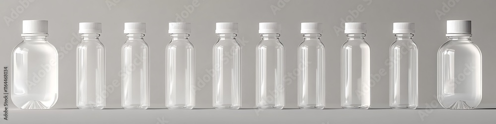 A set of transparent gel bottles with flip caps on a solid muted gray background A set of transparent gel bottles with flip caps on a solid muted gray background