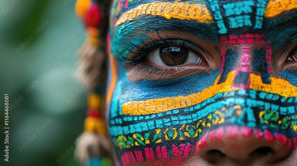 Fototapeta premium Vibrant close up portrait featuring traditional tribal face paint with intricate designs in eye-catching multicolored hues.