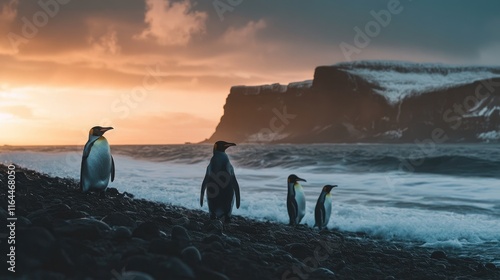 Majestic coastal scene featuring wild penguins at sunset with rugged cliffs and dramatic ocean waves in a pristine wilderness setting photo