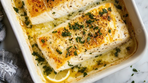 Baked halibut fillet garnished with herbs served in a casserole dish with lemon slices and flavorful butter sauce photo