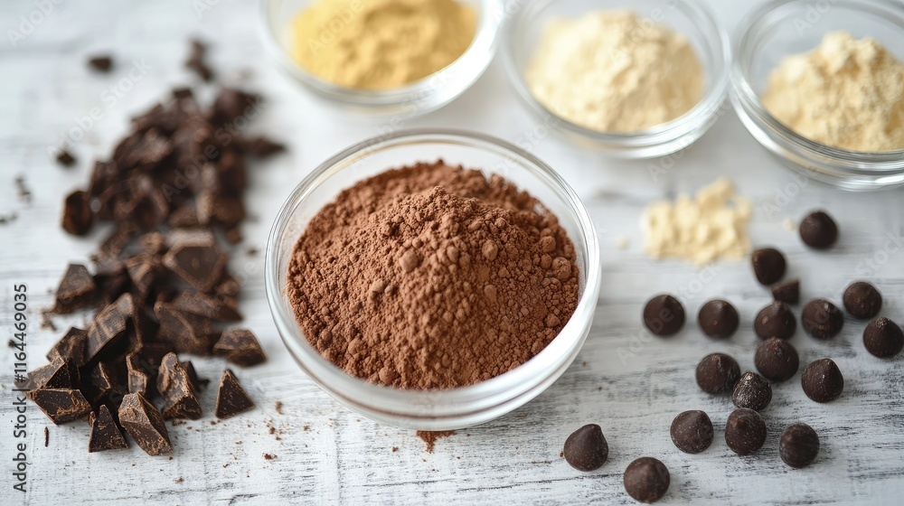 Baking ingredients arranged on a wooden table with cocoa powder and chocolate chips ready for a test recipe in a cozy kitchen setting Baking ingredients arranged on a wooden table with cocoa powder and chocolate chips ready for a test recipe in a cozy kitchen setting