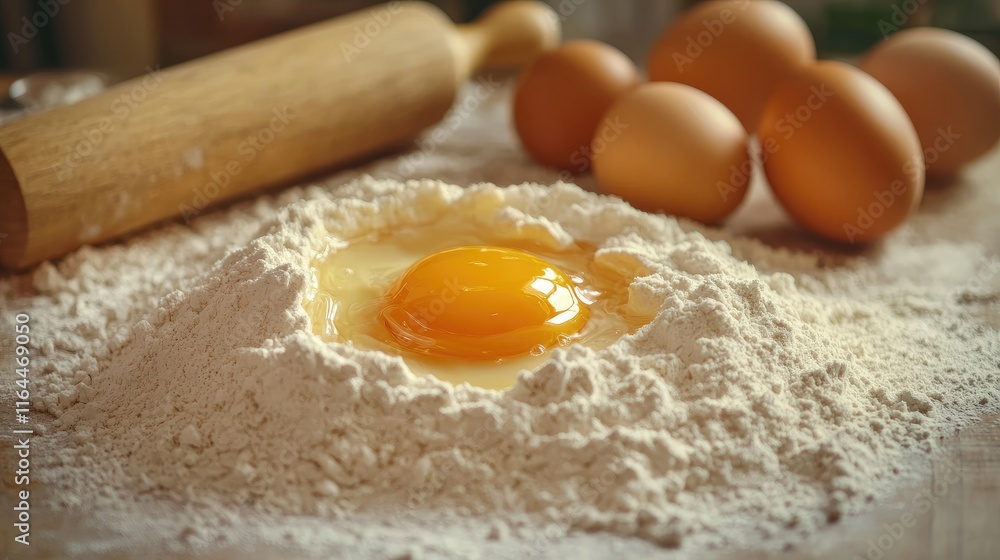 Baking essentials with flour, eggs, and a rolling pin creating a classic kitchen scene for dessert preparation and cooking inspiration. Baking essentials with flour, eggs, and a rolling pin creating a classic kitchen scene for dessert preparation and cooking inspiration.