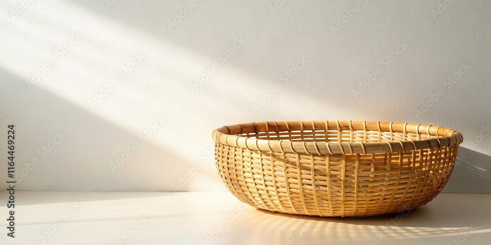 Fototapeta premium Sunlight illuminates empty woven basket on white surface