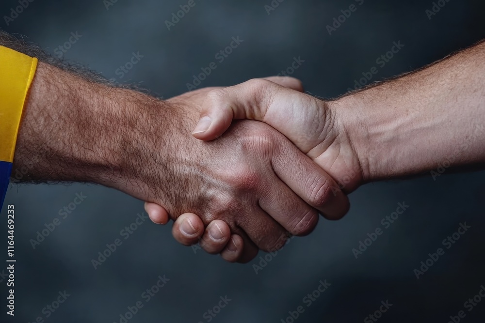 Fototapeta premium Two hands meet in a firm handshake, embodying a gesture of unity, trust, and cooperation, essential components of human interaction and relationships.