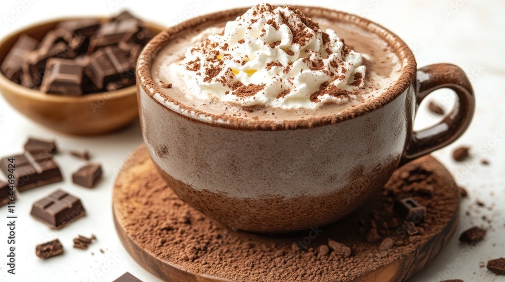 Hot chocolate in a mug with whipped cream and cocoa powder. Hot chocolate in a mug with whipped cream and cocoa powder.