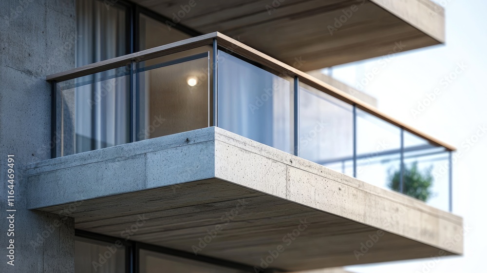 Fototapeta premium Modern concrete balcony design featuring wooden railing and glass panels with a minimalist aesthetic in natural lighting.