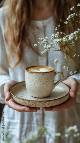 Warm cup of coffee held by a person with a simple floral decoration in a cozy...