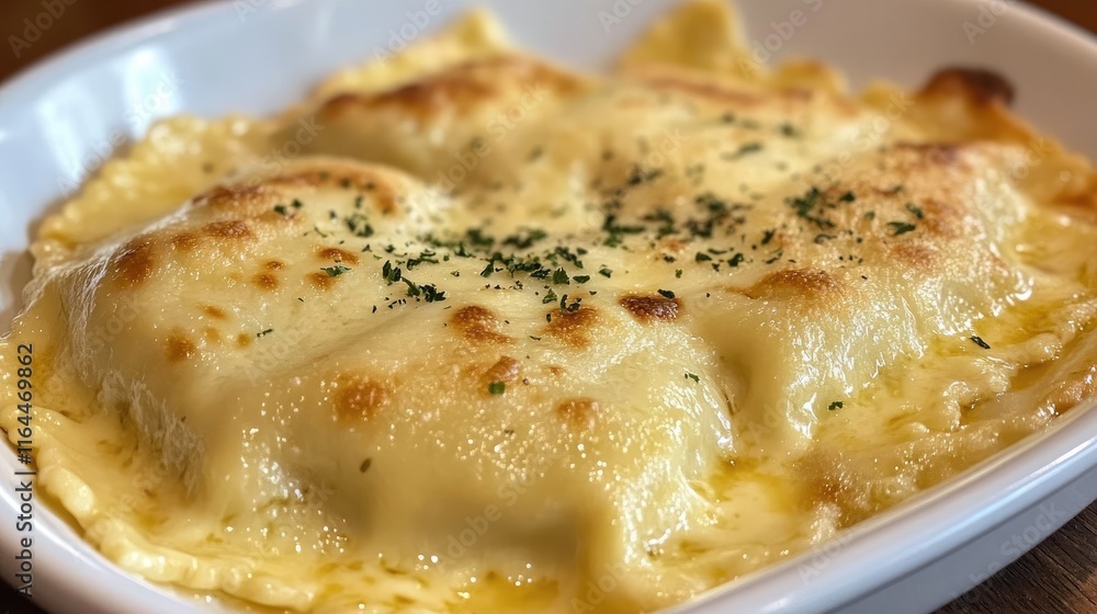 Gourmet baked ricotta ravioli topped with creamy cheese sauce and herbs in an elegant serving dish Gourmet baked ricotta ravioli topped with creamy cheese sauce and herbs in an elegant serving dish