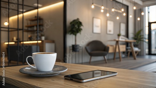 Wallpaper Mural Cozy workspace with a coffee cup, smartphone, and modern interior design
 Torontodigital.ca