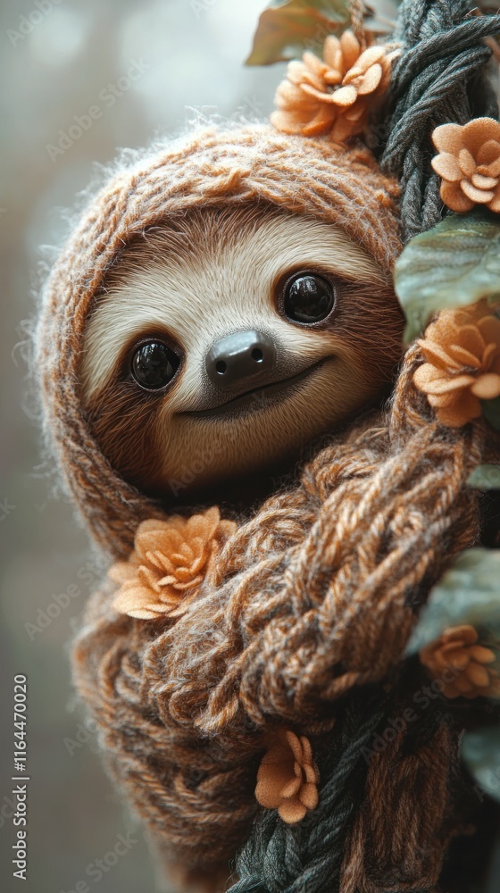 Obraz premium A cute sloth wrapped in a cozy knit with flowers, exuding warmth and charm.