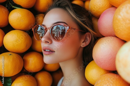 Woman wearing sunglasses surrounded by vibrant oranges in a bright market set...