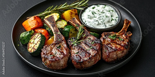 Grilled lamb chops served with roasted vegetables and yogurt sauce on a black plate garnished with herbs photo