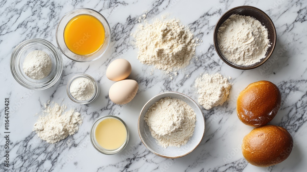 Baking ingredients spread on marble countertop for bread preparation with flour eggs and liquid elements ready for cooking Baking ingredients spread on marble countertop for bread preparation with flour eggs and liquid elements ready for cooking