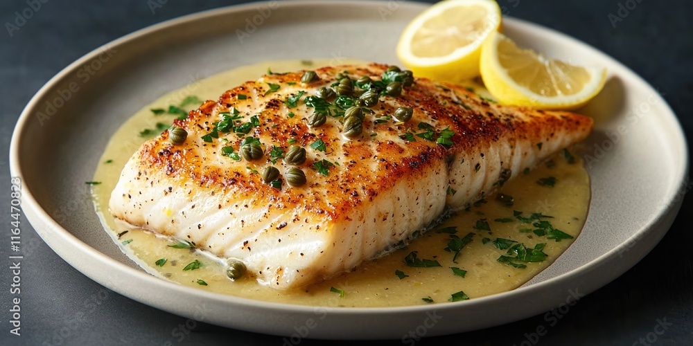 Pan-seared sea bass fillet garnished with lemon and capers served elegantly Pan-seared sea bass fillet garnished with lemon and capers served elegantly