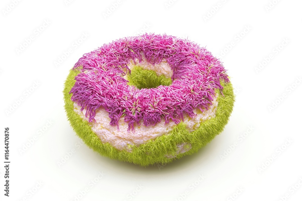 Donut with pink flower on white background, closeup of photo. Donut with pink flower on white background, closeup of photo.