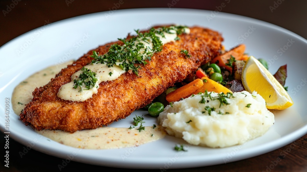 Crispy schnitzel served with mashed potatoes and mixed vegetables on a white plate Crispy schnitzel served with mashed potatoes and mixed vegetables on a white plate