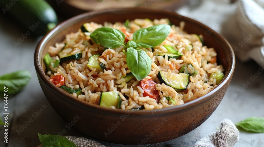 Baked rice with zucchini and fresh basil in a rustic bowl showcasing a healthy vegetarian dish with vibrant colors and textures. Baked rice with zucchini and fresh basil in a rustic bowl showcasing a healthy vegetarian dish with vibrant colors and textures.