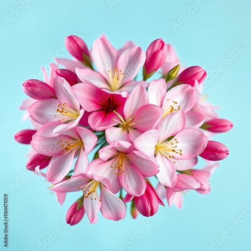 Beautiful Spring Blossoms with Dew Drops, Richly Detailed and Set Against a Soft Powder Blue Background