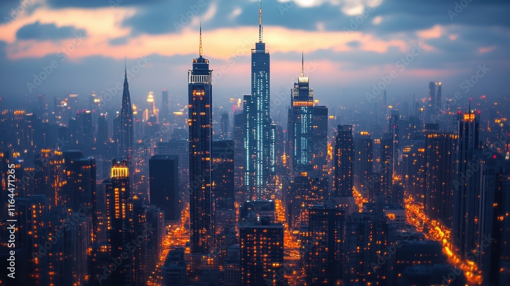 Fototapeta premium A vibrant city skyline displays tall buildings as the sun sets, casting a warm glow over the streets. Twinkling lights reflect the lively atmosphere of urban life. Generative AI