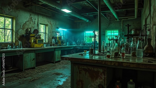 Eerie Abandoned Laboratory, Mysterious Green Tinted AI Generated Image of Old Chemistry Lab with Vintage Equipment and Glassware photo