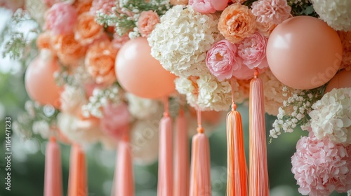 Vibrant floral archway with colorful balloons and tassels at a festive outdoo...
