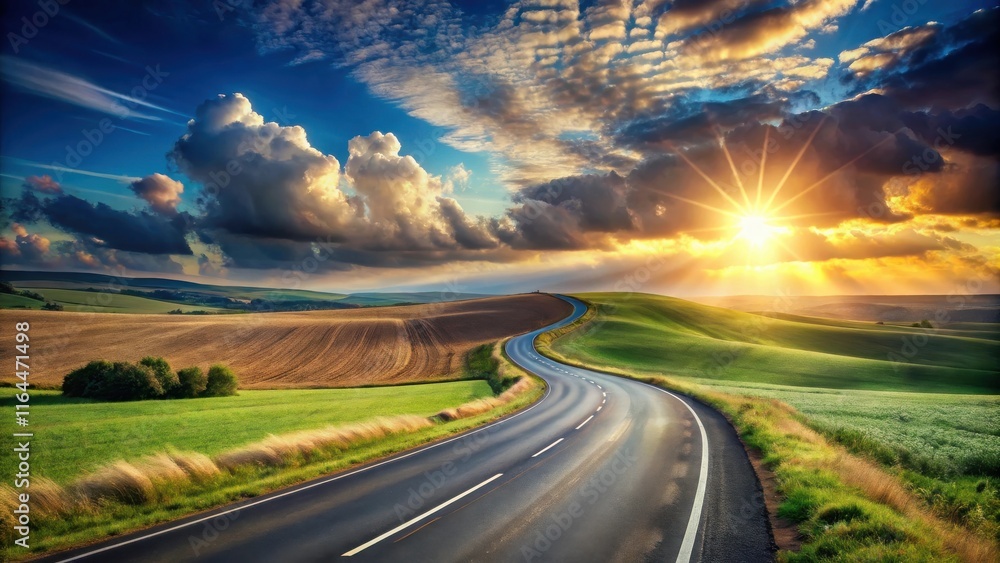 Fototapeta premium Asphalt ribbon curving through idyllic farmland at sunset, bathed in golden light