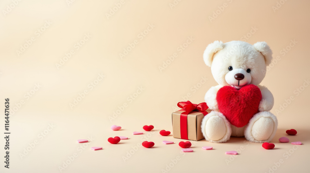 A Delightful Valentine’s Day Composition Featuring a Small White Teddy Bear Holding a Plush Red Heart A Delightful Valentine’s Day Composition Featuring a Small White Teddy Bear Holding a Plush Red Heart