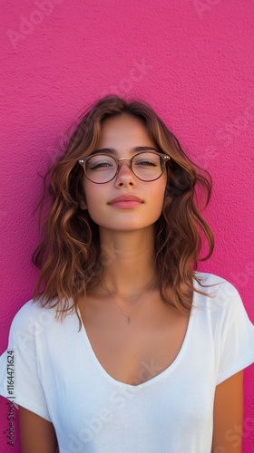 Young woman with curly hair and glasses poses against vibrant pink background...