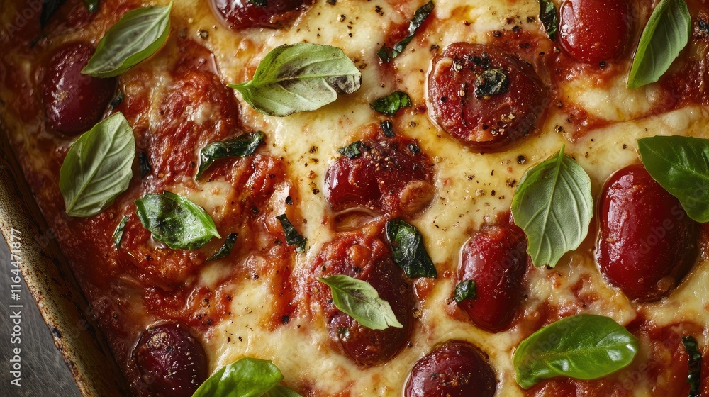 Baked kidney beans in rich tomato sauce topped with fresh basil for a delicious savory dish. Baked kidney beans in rich tomato sauce topped with fresh basil for a delicious savory dish.