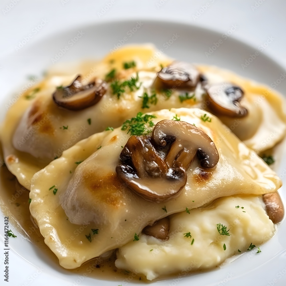Pierogies with Mashed Potatoes and Champignons on White Background Pierogies with Mashed Potatoes and Champignons on White Background